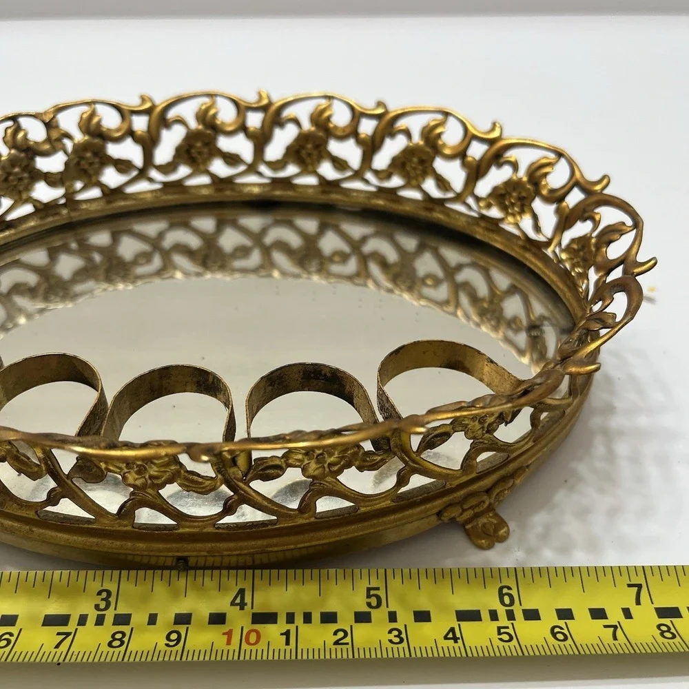 Vintage Gold-Tone Filigree Oval Mirrored Vanity Tray W/ Lipstick Holders Footed